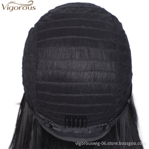Vigorous Heat Resistant Fiber Lace Front Long Silky Straight Wigs With Bangs Synthetic Black Wigs For Black Women